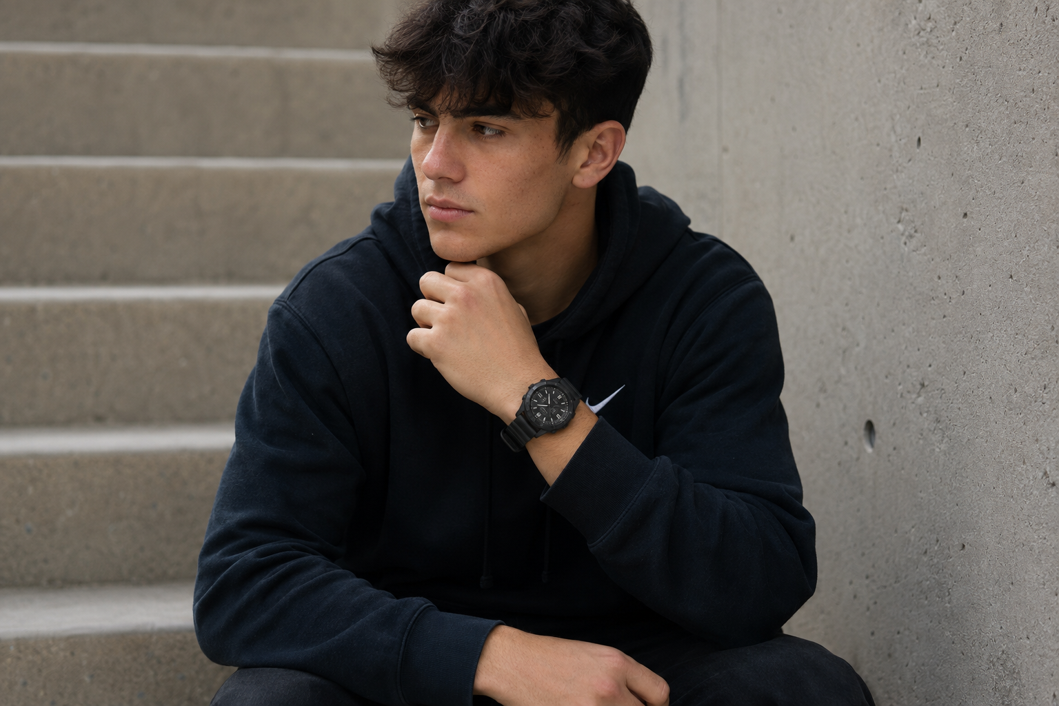 18-year-old in a black hoodie sitting on concrete steps wearing an all-black analog-digital sports watch