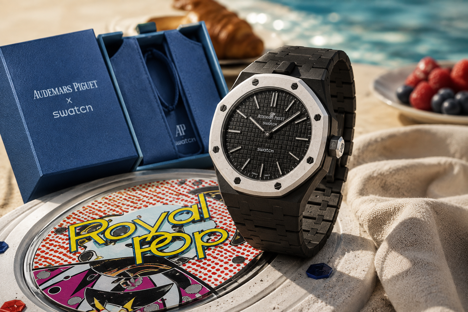 Audemars Piguet x Swatch Royal Pop collaboration watch with black tapisserie dial and octagonal bezel, shown with its blue AP x Swatch box