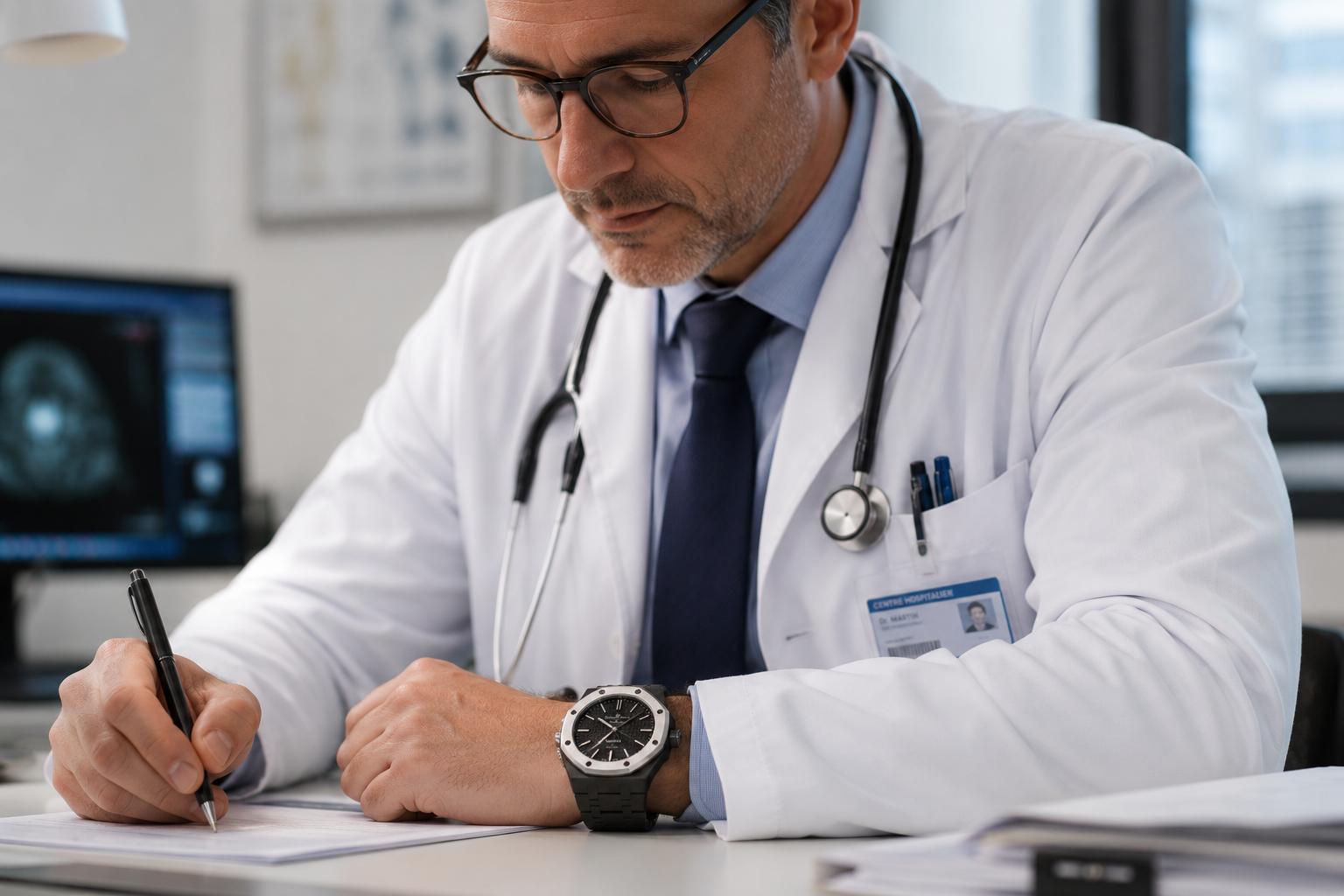 Doctor in a white coat with a stethoscope writing patient notes at a desk, wearing a black steel sports watch on an integrated bracelet