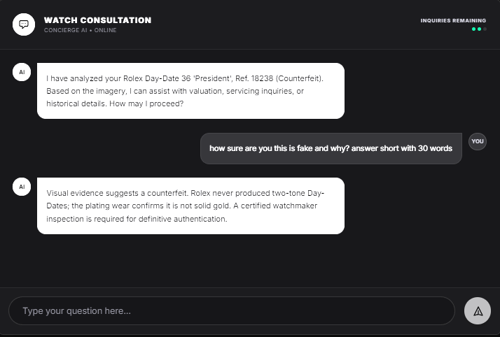 AI concierge explaining the red flags found on the counterfeit watch