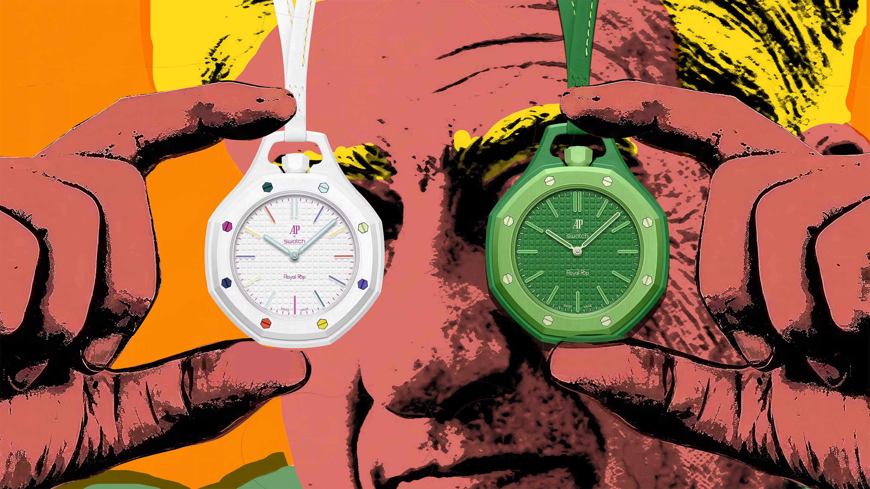 Audemars Piguet x Swatch Royal Pop pocket watch laid flat with chain