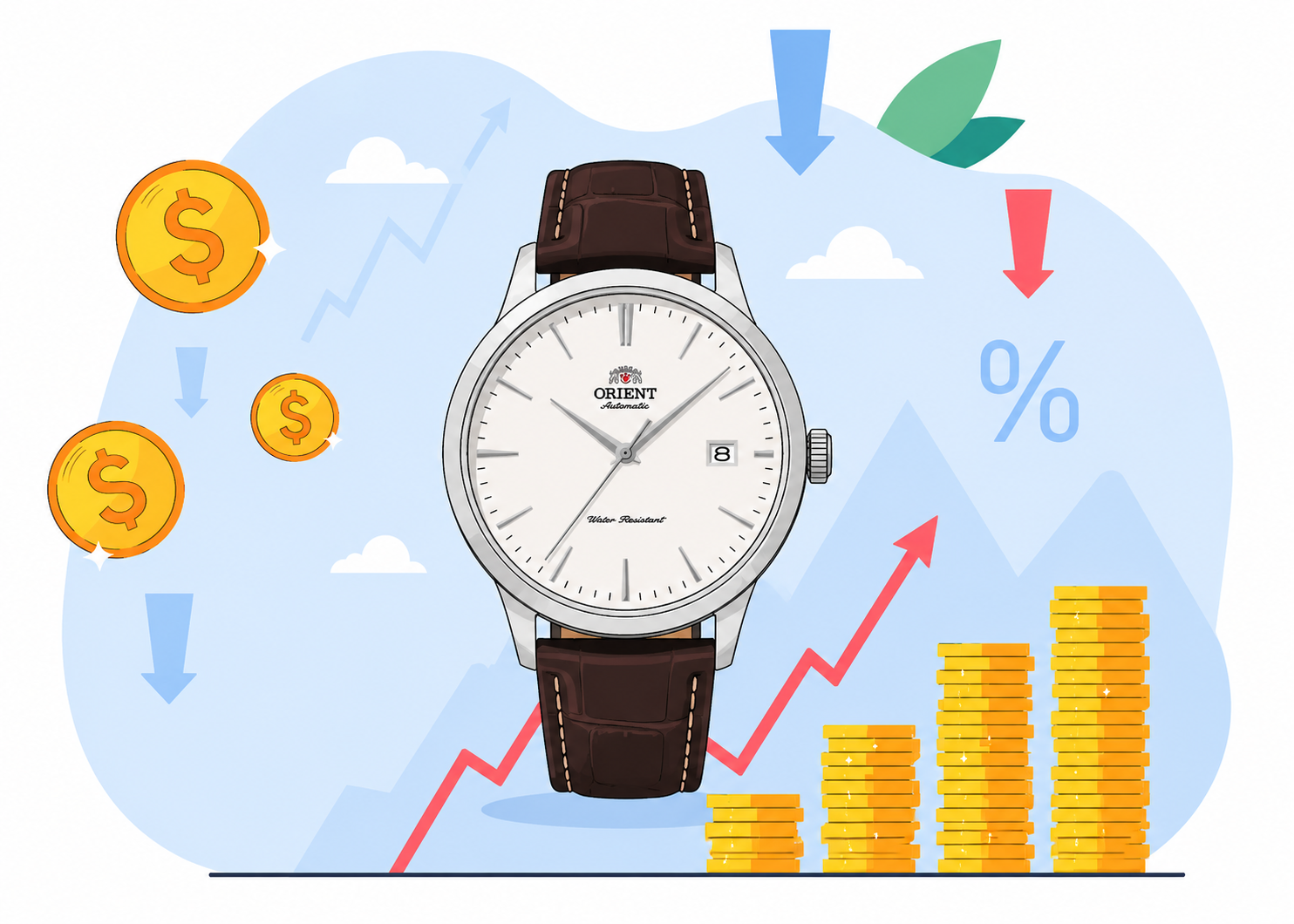 Illustration af et ur omgivet af m&oslash;nter og prisgrafer, der viser, at urv&aelig;rdier svinger
